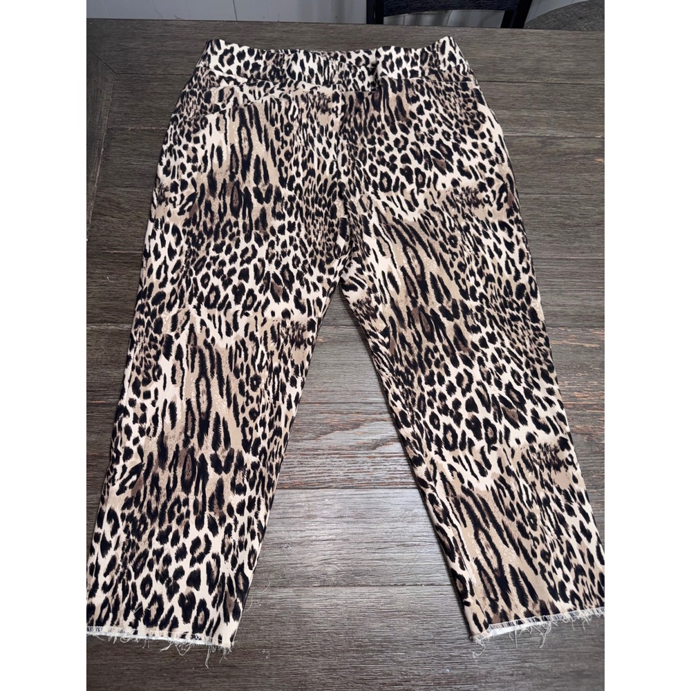 Attyre New York Leopard Print Cropped Pants Raw Hem Animal Cheetah Brown Tan 14
